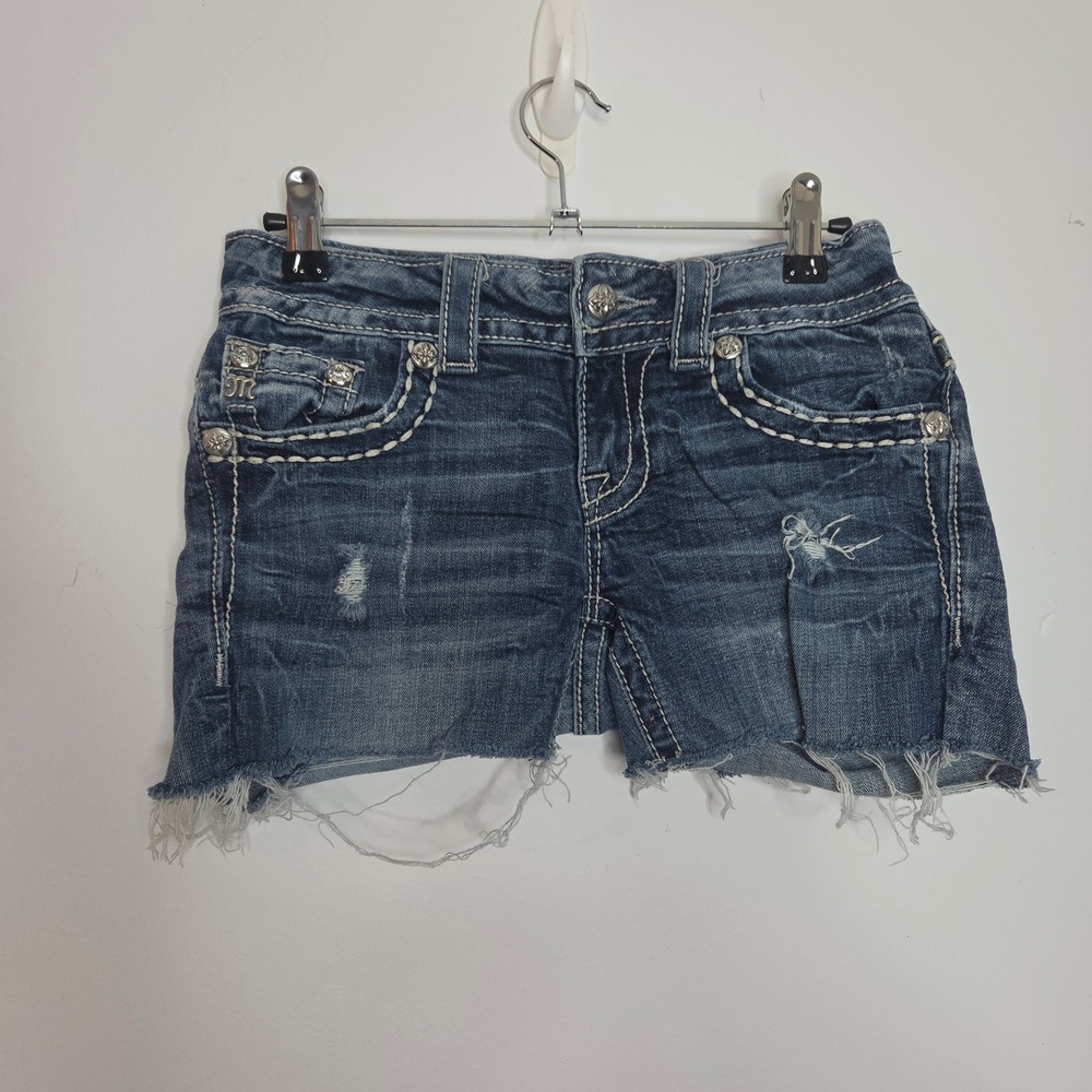 Miss Me Women Dark Wash Embellished Cut Off Denim Shorts Size 26‎ Raw Hem  Y2K